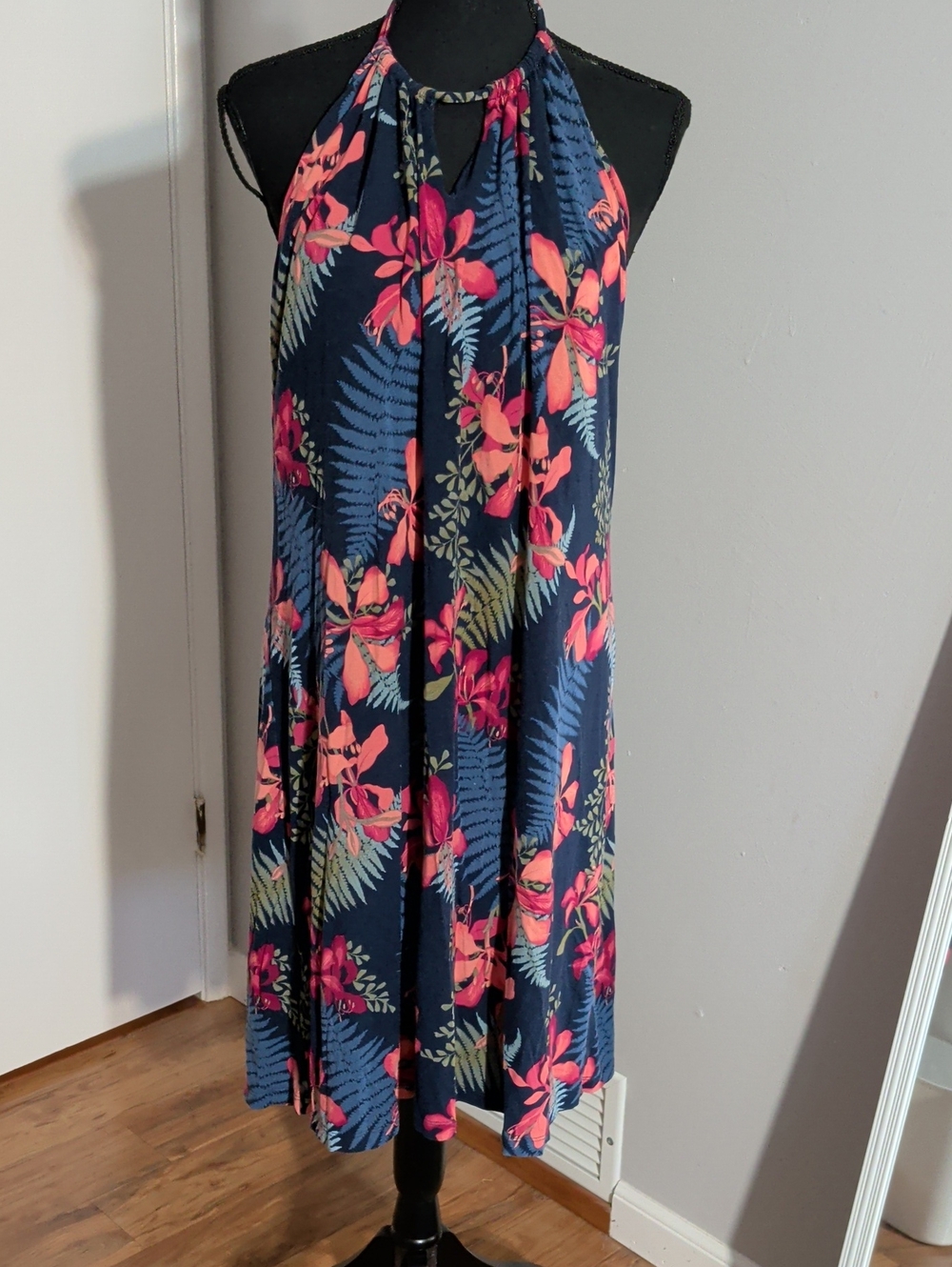 Tommy Bahama Navy Floral Print Top with Coral and Olive Accents